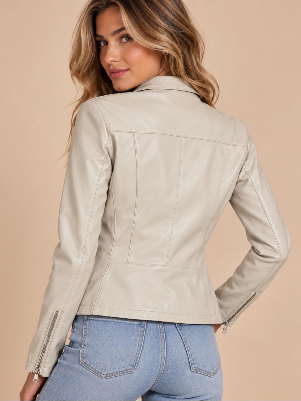 Calvin Klein Ivory Faux Leather Moto Jacket XS Quiet Luxury Biker